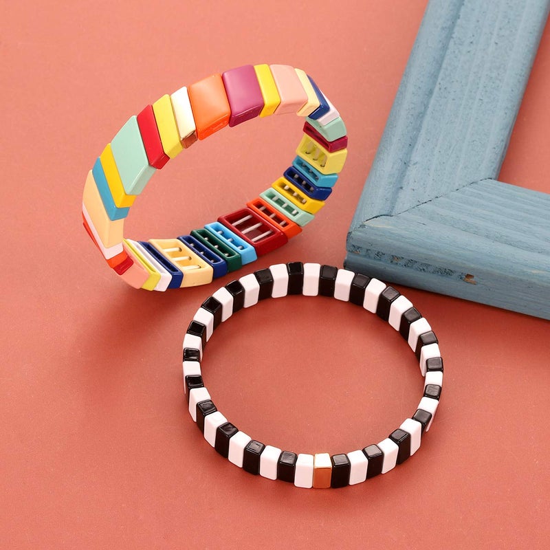 HZEYN Enamel Tile Bracelet Stackable Rainbow Tile Bead Love Stretchy Bracelet Colorblock Enamel Brite Bracelet for Women Set of 4 Strands - Image 5